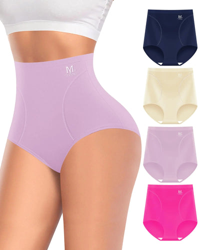 MIOTAN Women’s High Waisted Tummy Control Underwear – 4-Pack Postpartum Support Panties for Ladies, Soft Stretch Cotton Briefs, Multi-Color, Size Large