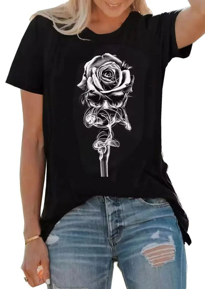 Vintage Floral Graphic T-Shirt for Women – Inspirational Flower Print Casual Loose Fit Vacation Tee, Black, Size XL