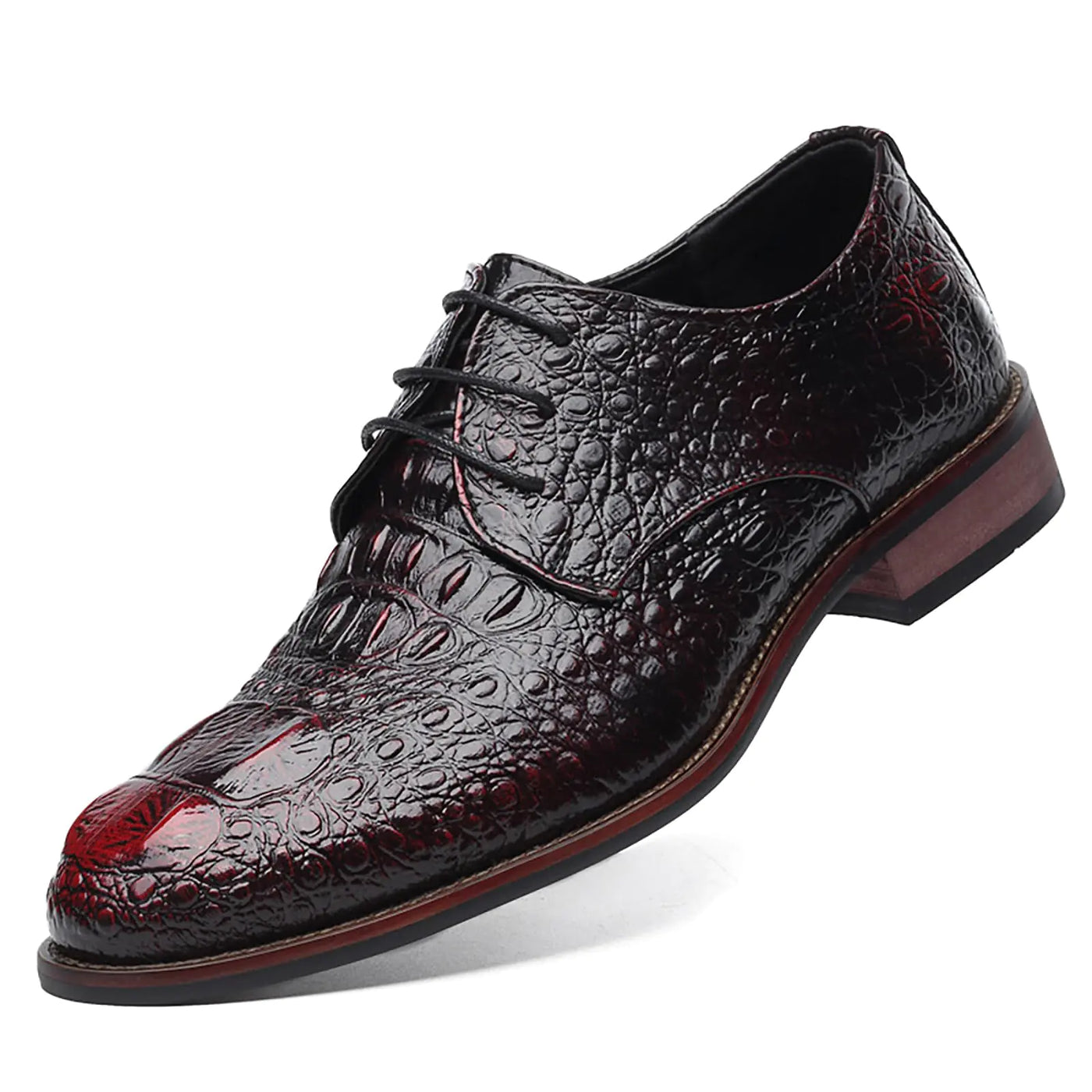 Men's Wine Red Alligator Print Lace-Up Dress Shoes – Crocodile Pattern Round Toe Oxford Derby Shoes for Business and Formal Wear, Size 8