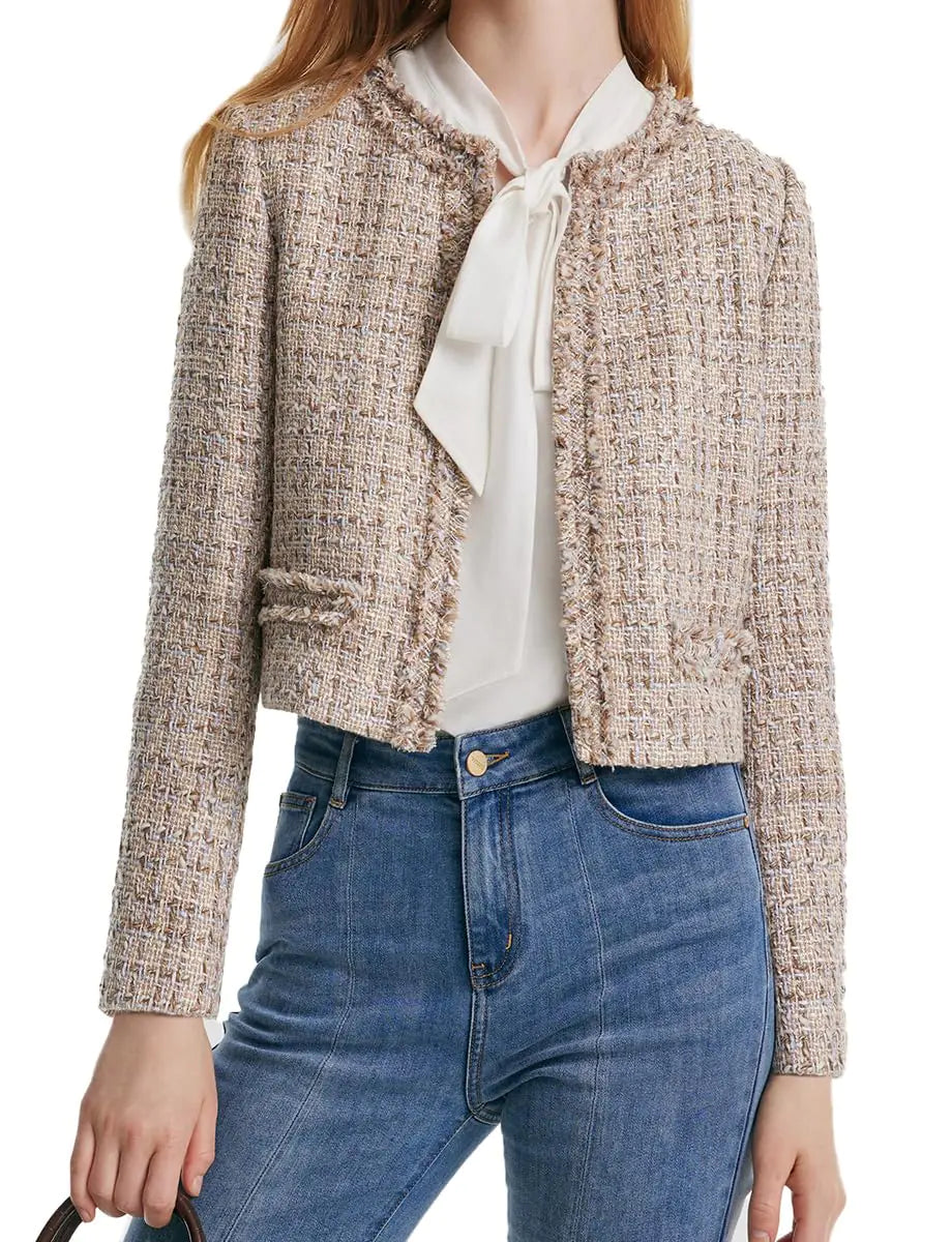 GOELIA Tweed Blazers for Women Work Business Casual Beige Knit Blazer Cropped Jacket for Women Blazers for Women Beige Tweed Jacket for Valentines Day