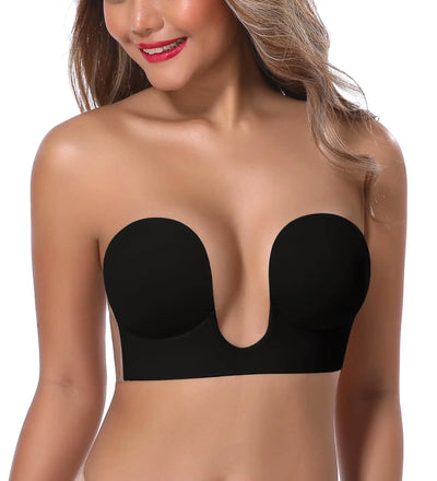 JOATEAY Women’s Strapless Sticky Bra – Deep Plunge Push-Up Adhesive Bra with Underwire, Black, Cup D