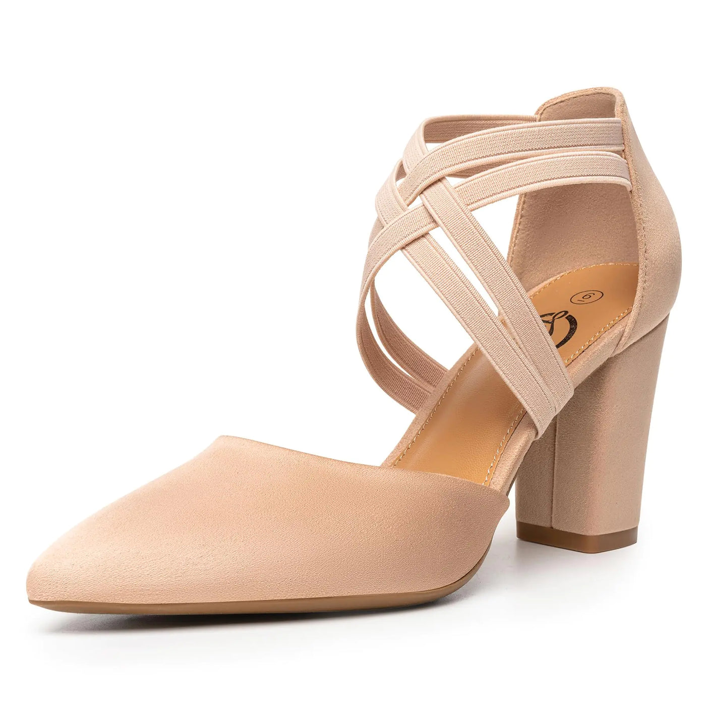 Trary Nude Chunky Heels for Women – Closed Pointed Toe Dress Pumps with Elastic Double Crisscross Strap, 3.5-Inch Low Heels for Work, Parties, and Formal Wear