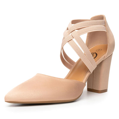Trary Nude Chunky Heels for Women – Closed Pointed Toe Dress Pumps with Elastic Double Crisscross Strap, 3.5-Inch Low Heels for Work, Parties, and Formal Wear