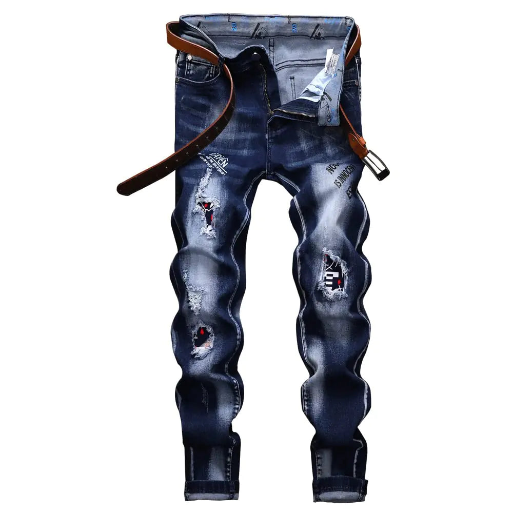 N//C Jeans Men's Ripped Denim Pants – Straight Slim Fit, Regular Rise, Distressed Blue Comfort Flex, Size W31 x L31