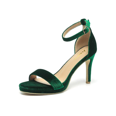 Women's 4-Inch Strappy Heels – Velvet Green, Size 11 – Elegant Ankle Strap Dress Sandals for Weddings, Parties, and Formal Events