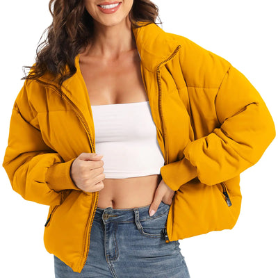 PABOPKOBI Women’s Winter Baggy Zip Puffer Jacket – Short Down Coat in Medium Gold, Insulated Warm Outerwear with Full Front Zipper, Casual and Lightweight for Cold Weather