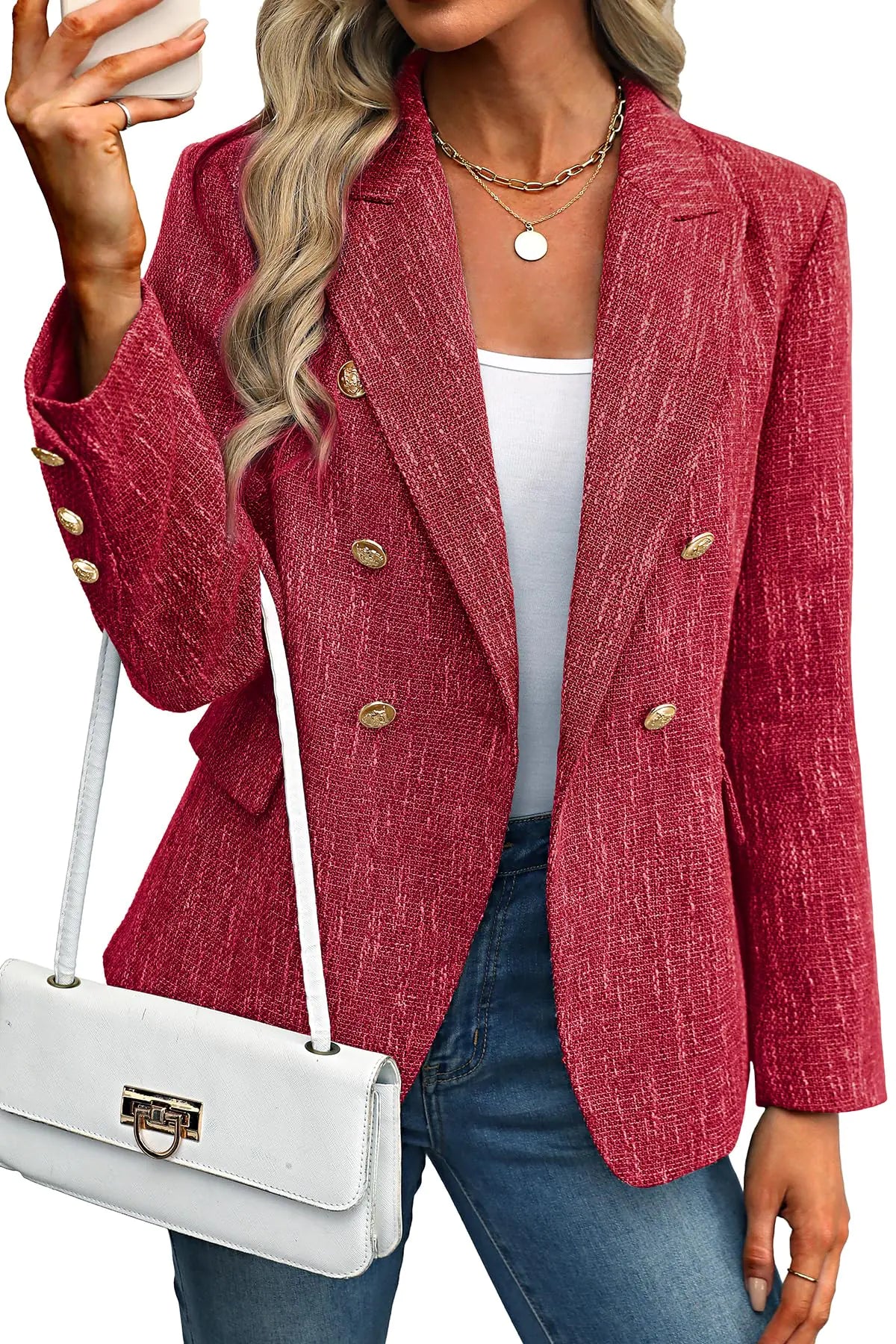 ELLEVEN Womens Tweed Blazers Business Casual Long Sleeve Double Breasted Bottons Jackets Work Suit Slim Fit Dressy Elegant Pockets Plaid Blazer Padded Shoulder Spring Fall Winter Red XX-Large