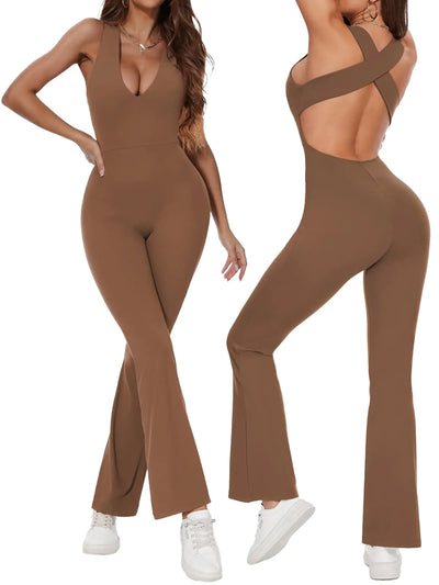 Wenlia Women's Dark Brown Cross Back Backless Workout Jumpsuit – Flared One-Piece Yoga Bodysuit, Size Medium