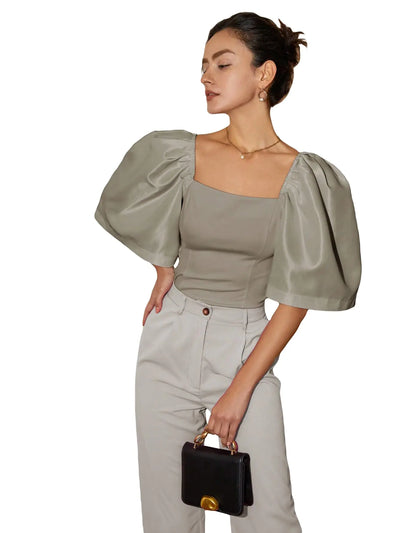 Floerns Women's Square Neck Puff Short Sleeve Elegant Blouse Crop Top – Light Grey, Size XL – Stylish and Chic Summer Top for Casual and Dressy Occasions