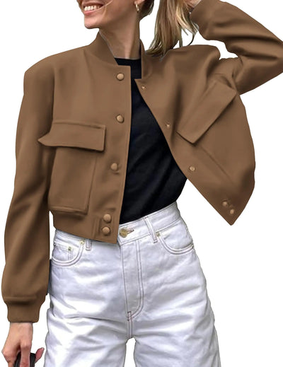 Zeagoo Women’s Bomber Jacket – Casual Button-Down Varsity Shacket with Pockets, Lightweight and Stylish Outerwear for Everyday Wear