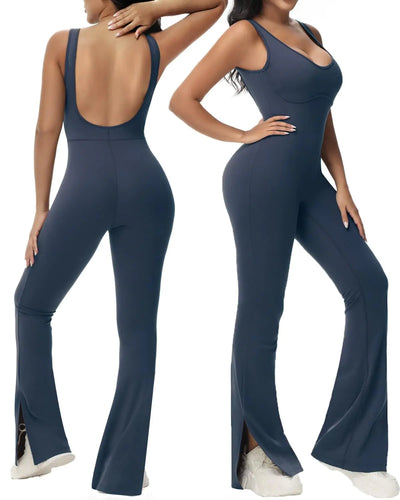 Wenlia Women's One-Piece Backless Workout Jumpsuit – Athletic Slit Flared Bodycon Yoga and Running Jumpsuit