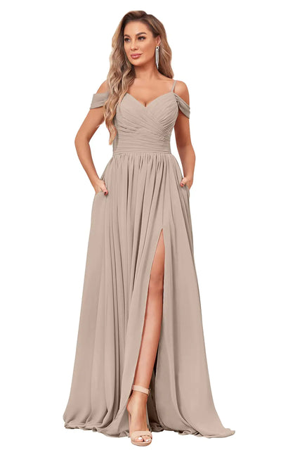 SOLODISH Women's Plus Size Taupe Bridesmaid Dress – Long Off-the-Shoulder Chiffon Formal Gown for Weddings or Evening Parties, Size US 26W
