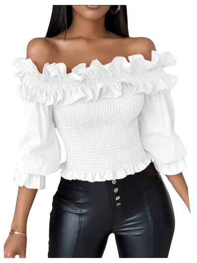 Floerns Women's Ruffle Trim Off-Shoulder Blouse – White, XX-Large – Flounce Sleeve Shirred Top, Stylish and Elegant Casual Shirt for Summer