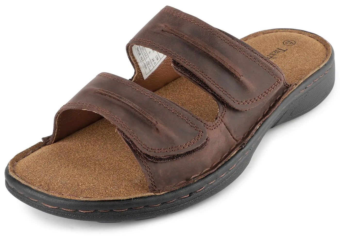 TIESTRA Mens Adjustable Leather Slide Sandals Comfortable Lightweight Summer Memory Foam Sandals Casual Beach Slip On Sandals for Men Indoor & Outdoor Brown EU45 US12