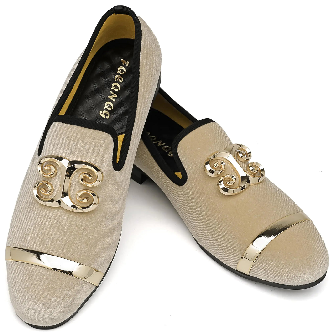 Mens Velvet Loafers Fashion Mens Dress Shoes with Gold Buckle Classic Suede Loafers for Party Wedding Slip-On Penny Glitter Prom Shoes (Beige)