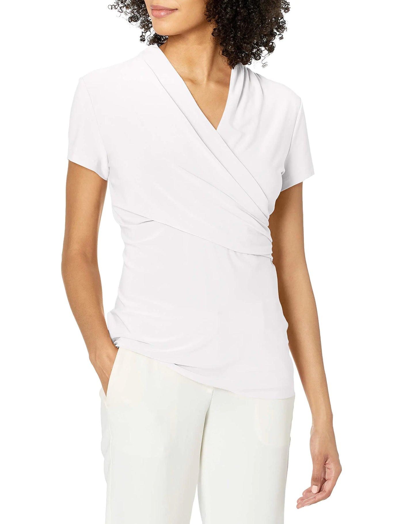 DKNY Women's Short Sleeve Cross Front Blouse – White, Size Large – Elegant Suit Top for Business Casual and Office Wear