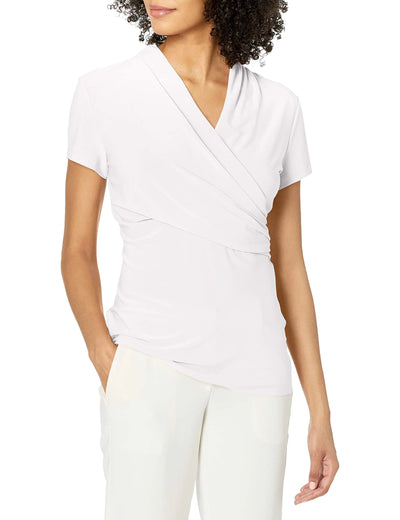 DKNY Women's Short Sleeve Cross Front Blouse – White, Size Large – Elegant Suit Top for Business Casual and Office Wear