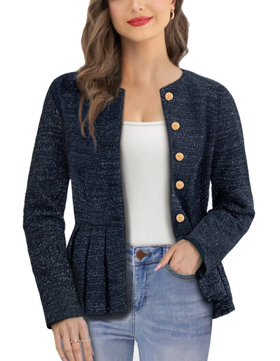 Belle Poque women’s dark blue tweed blazer – elegant medium-size casual jacket with long sleeves, round neckline, open front design, and stylish ruffle hem; perfect tailored work suit blazer for office, business, or formal wear