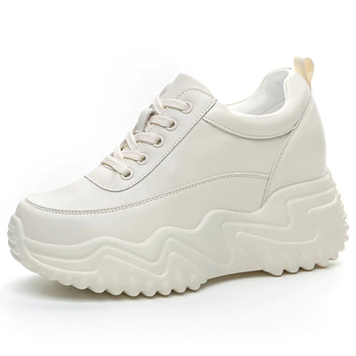 AONEGOLD women's chunky platform fashion sneakers, beige leather comfortable tennis shoes, size 8