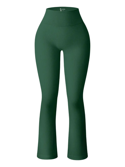 OQQ Women's Ribbed Seamless Flare Pants – High Waist Bell Bottom Workout Pants in Dark Green – Stretchy, Stylish Activewear for Yoga, Gym, and Casual Wear