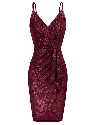 "GRACE KARIN Women's Wine Red Sequin Bodycon Dress – Sparkly Shimmer Party Dress with Spaghetti Straps, Size Medium