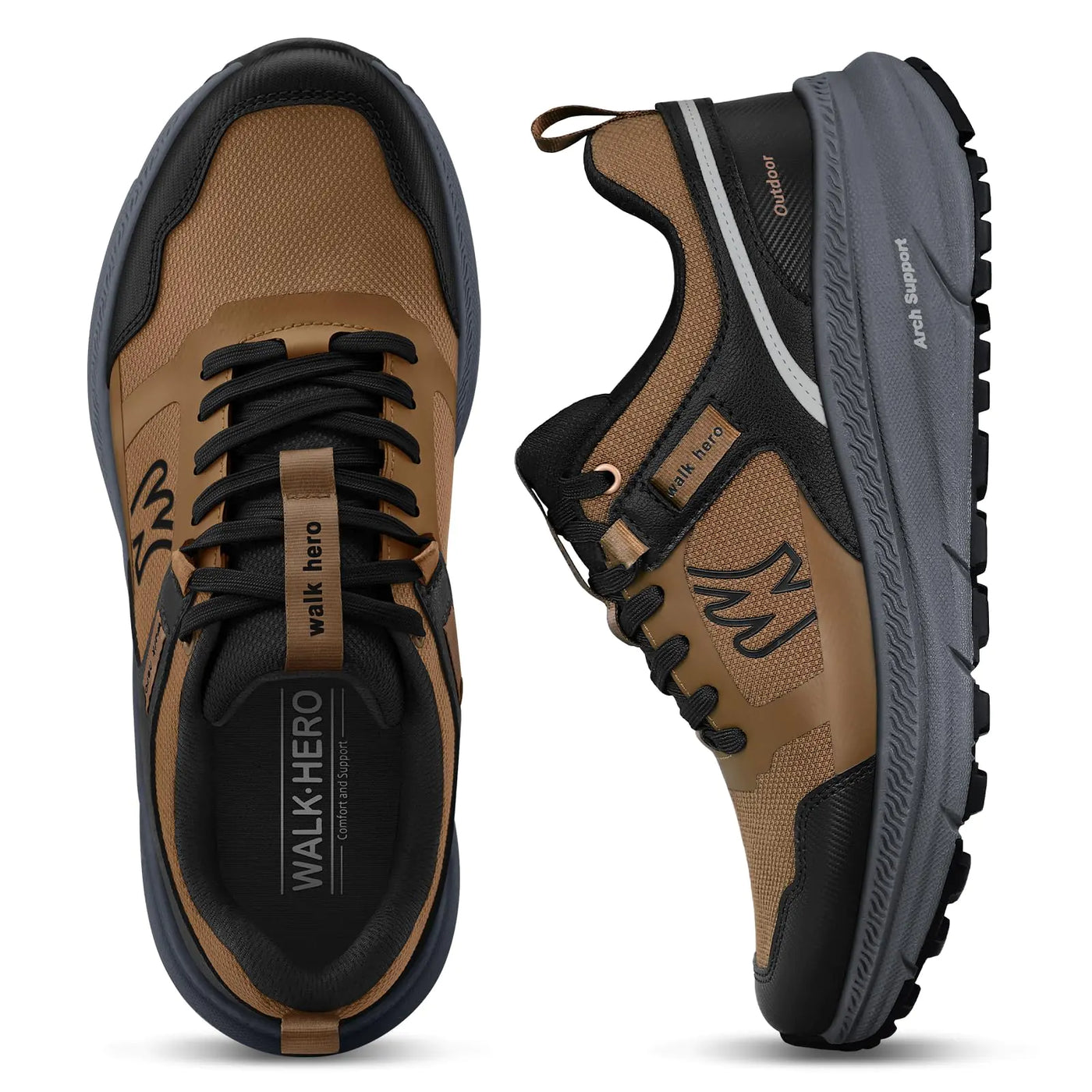 Men’s Hiking Shoes with Arch Support – Orthopedic Sneakers for Plantar Fasciitis, Anti-Slip Lightweight Waterproof Work Shoes in Walnut, Size 8.5
