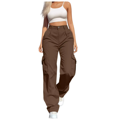 Women’s Brown Lightweight Quick-Dry Cargo Pants – High-Waisted Wide Leg Hiking Pants with Buttons and Pockets, Size Small