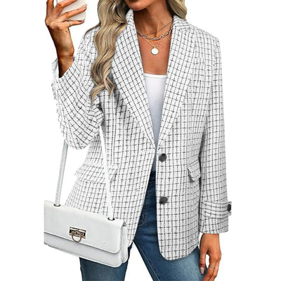 CCTOO women’s oversized tweed blazer jacket in white plaid – XL casual work suit with long sleeves, open front design, and functional pockets; stylish and professional outerwear perfect for office, business meetings, or smart casual outfits