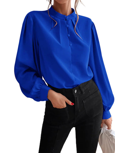 Women's Button-Down Chiffon Shirt – Solid Color Mock Neck Blouse with Long Sleeves, Blue, Size L – Fall Business Casual Top for Office and Everyday Wear