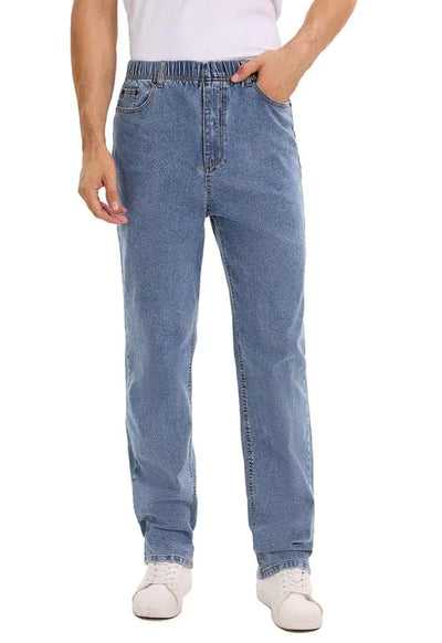 WICUSION Men’s High Elastic Waist Jeans – Relaxed Fit Straight Leg Stretch Denim Pants with Zipper Closure – Light Blue