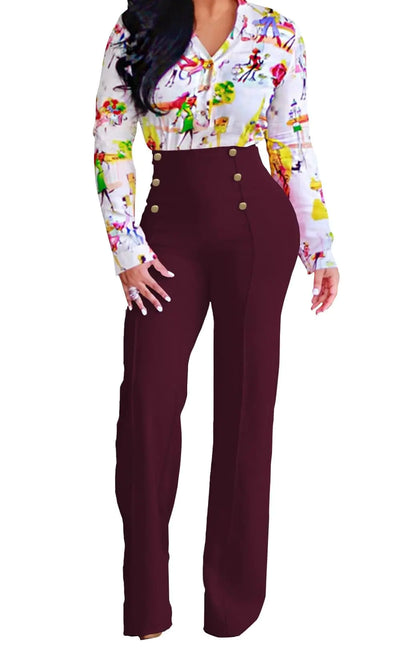 Burgundy flare leg dress pants for women, business casual workwear with button detail in wine red"