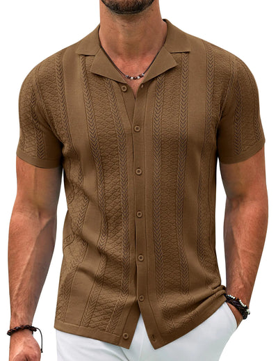 COOFANDY men's contrast knitted shirt, vintage short sleeve summer beach shirt in brown