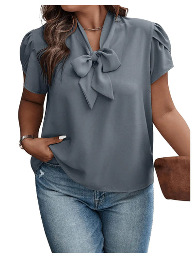 Verdusa Women's Plus Size Work Blouse – Dusty Blue, Size 3XL – Bow Tie Neck Petal Sleeve Office Shirt Top, Elegant and Comfortable Business Wear"