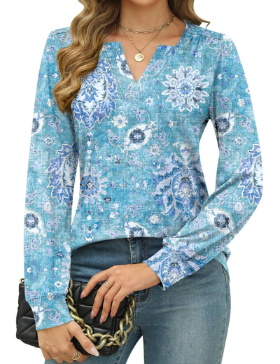 LUYAA Women’s Dressy Casual Square Neck Top – Long Sleeve Loose Fit Shirt for Winter, Blue Floral, Size L