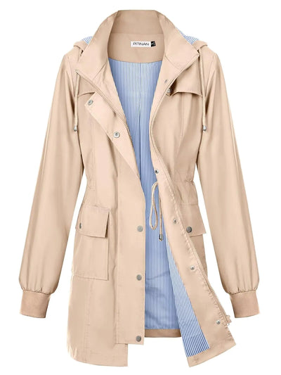 PITINAN Women’s Lightweight Rain Coat – Khaki Waterproof Jacket with Striped Lining, Hooded Rain Jacket for Women – Size Small, Ideal for Rainy Days