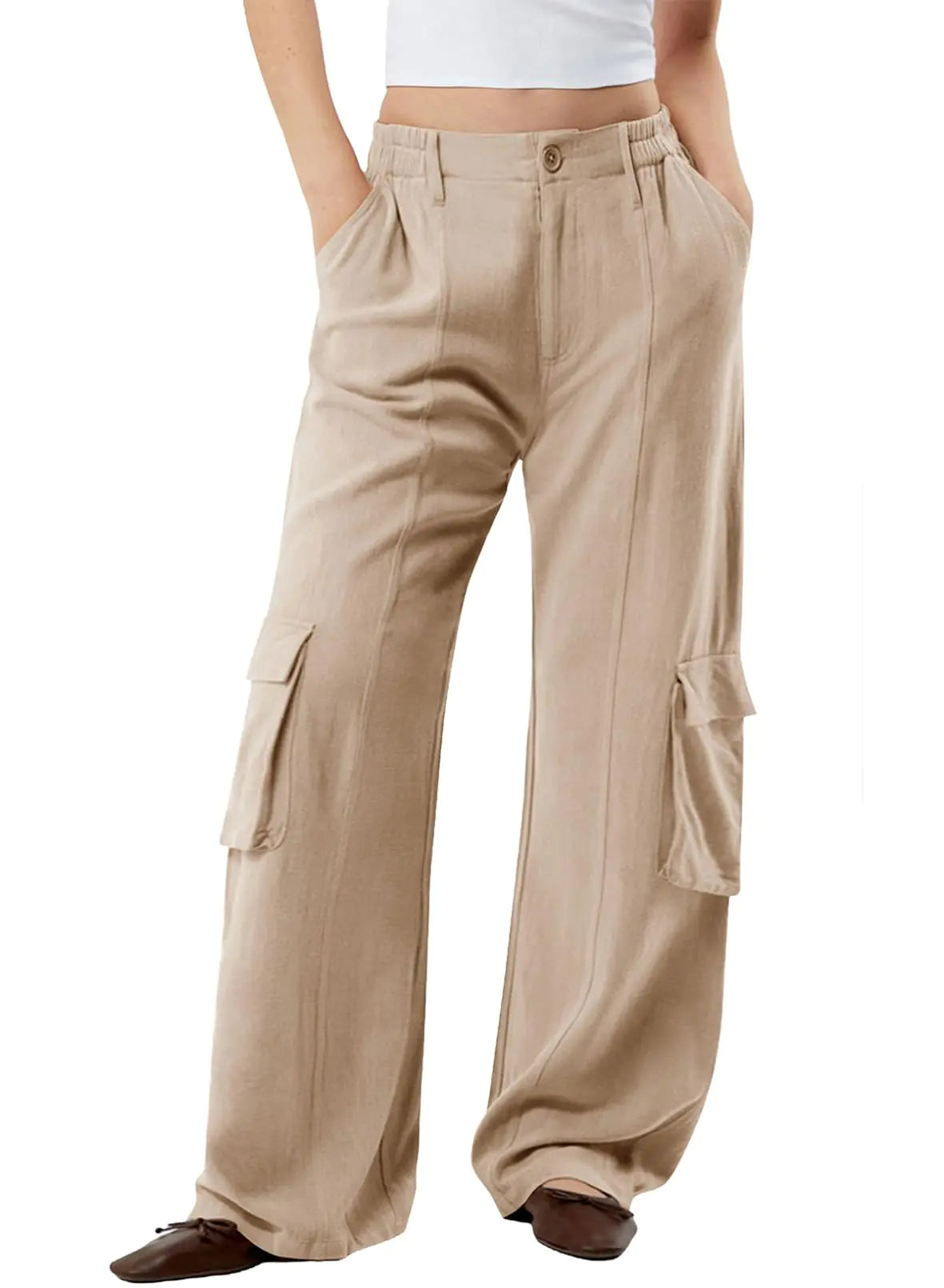 Dokotoo Women’s Dressy Casual High Waist Pants – Stretch Straight-Leg Linen Palazzo Trousers with 4 Pockets, Flowy Fashion Style