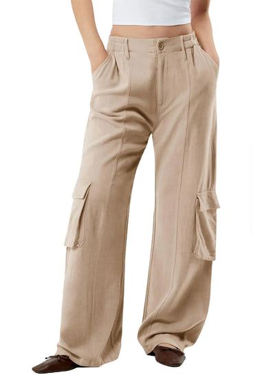 Dokotoo Women’s Dressy Casual High Waist Pants – Stretch Straight-Leg Linen Palazzo Trousers with 4 Pockets, Flowy Fashion Style