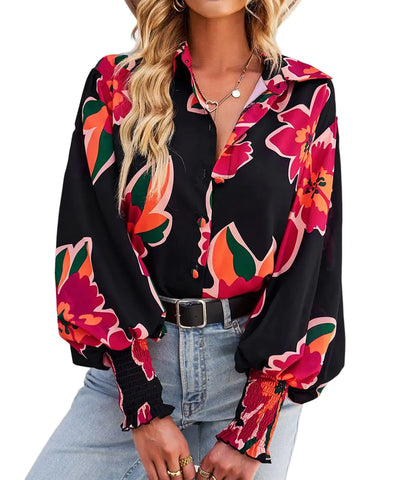 Mincib Women’s Floral Button Down Blouse – Long Sleeve Casual Dressy Shirt Top, Red, Size S
