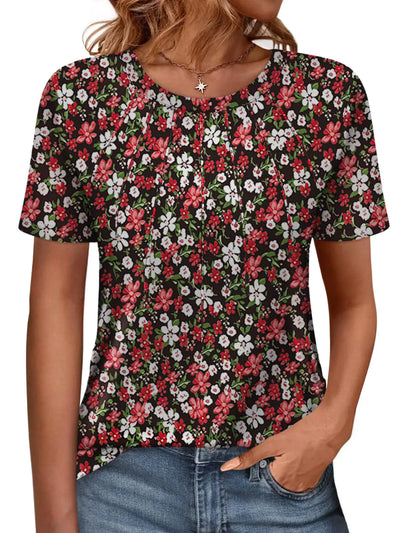 Women’s Summer Pleated Floral T-Shirt – Casual Loose Fit Crewneck Short Sleeve Top, Basic Printed Tee