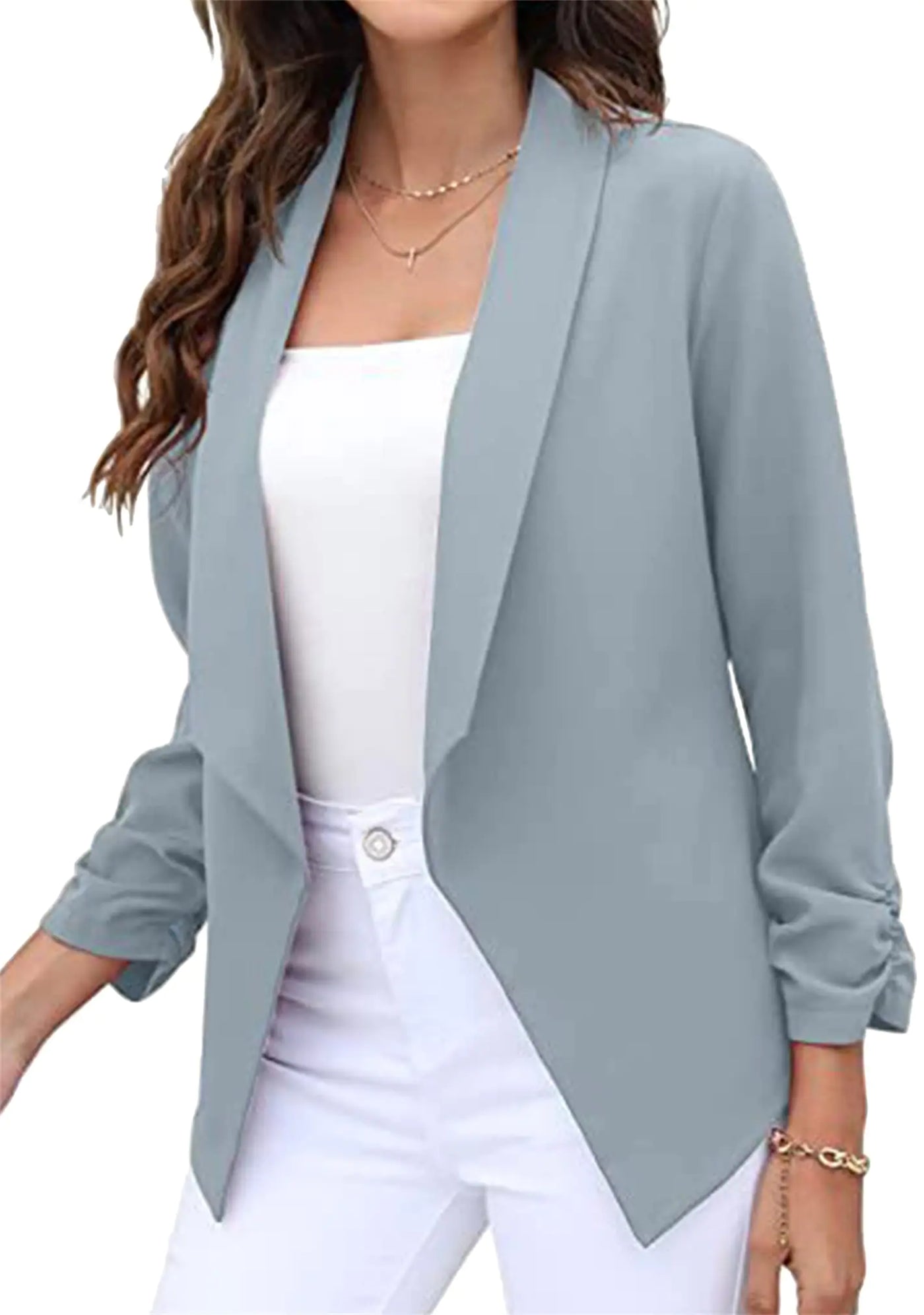 BOFETA Womens Cropped Blazer for Work Solid Color Open Front Lapel Ruched Sleeve Blazers Light Blue S