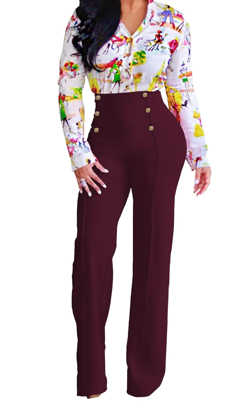 Burgundy flare leg dress pants for women, business casual workwear with button detail in wine red"