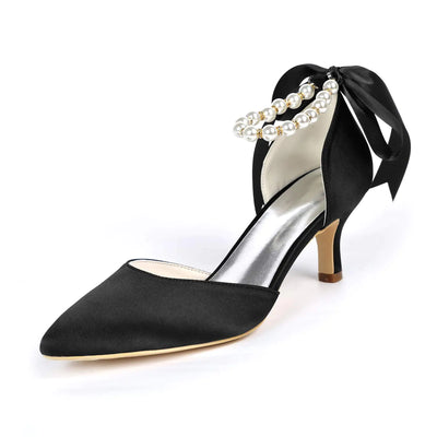 HKMFLYY Womens Closed Toe Black Pearl Heels with Bow Wedding Shoes for Bride Low Heels Bridal Shoes Satin Heels Pumps Size 10