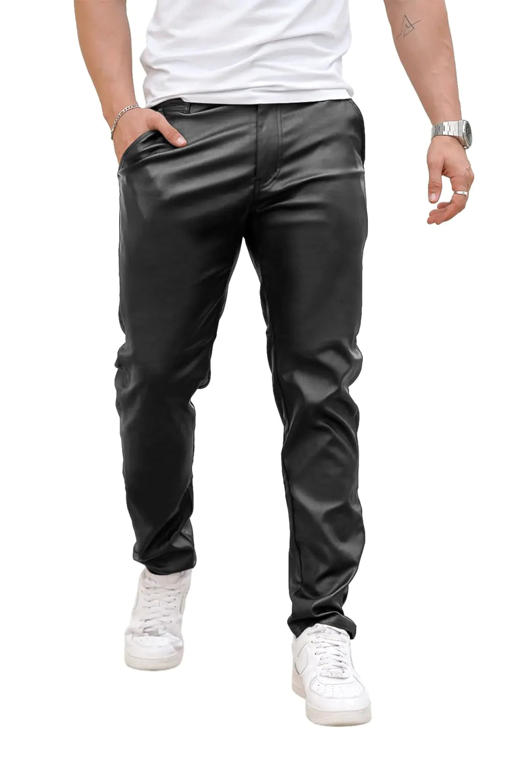 GINGTTO Men's Black Slim Fit Leather Disco Pants – Stretch Fabric, Size 30, stylish and comfortable men's party wear