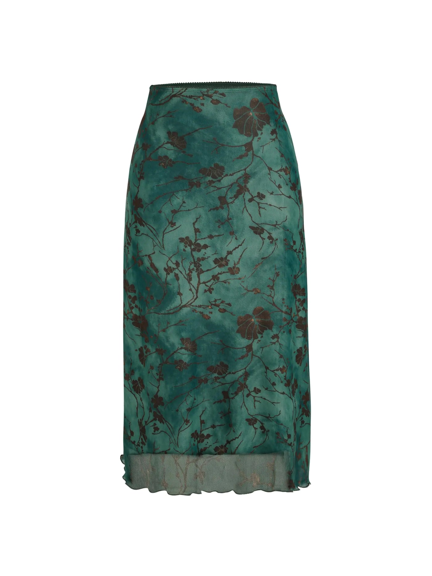 CIDER Women's Green Mesh Floral Midi Skirt – High Waisted Boho Grunge Style, Size Small