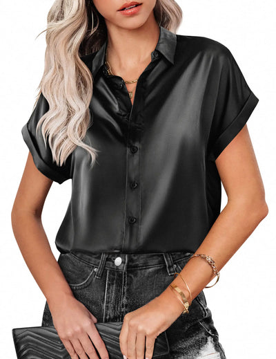 Zeagoo Women's Short Sleeve Silk Satin Blouse – Black, Plus Size – Casual Loose Fit Button Down Shirt, Dressy Tunic Top for Office and Everyday Wear