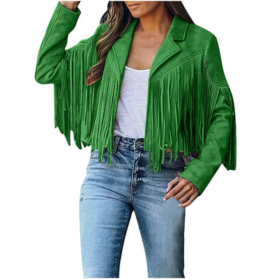 2024 trendy women’s faux suede leather fringe jacket in vibrant red – stylish cowgirl-inspired cropped moto biker jacket with open front, long sleeves, and playful tassel detailing; perfect western-style coat top for casual or festival wear
