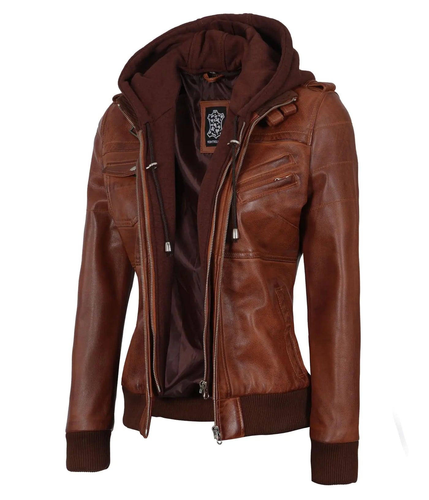 Blingsoul women’s hoodie leather jacket in cognac – Edinburgh style XL size featuring a detachable hood, zip-up front, and tailored fit; crafted from high-quality faux leather for a stylish, versatile look ideal for casual, streetwear, or fall outerwear [Model 1315015