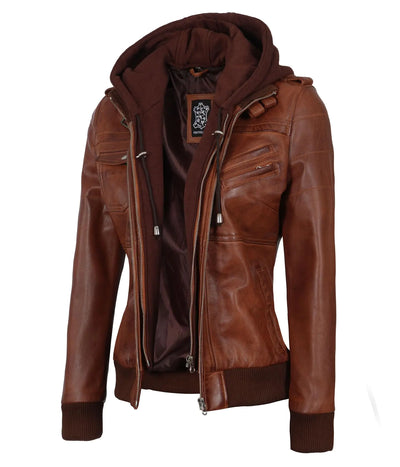 Blingsoul women’s hoodie leather jacket in cognac – Edinburgh style XL size featuring a detachable hood, zip-up front, and tailored fit; crafted from high-quality faux leather for a stylish, versatile look ideal for casual, streetwear, or fall outerwear [Model 1315015