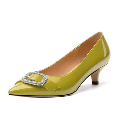 RLYGHWAO Women's Pointed Toe Kitten Heels – Yellow Green Patent, Size 11 – Closed Toe Slip-On Pumps with Rhinestone Detail and Low Stiletto Heel for Elegant Fashion Wear
