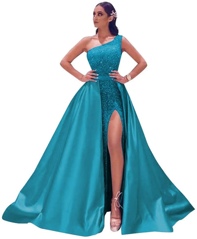 Dymaisei Women's Light Blue One-Shoulder Prom Dress – Sparkly Sequin Satin Formal Gown with Detachable Skirt, Size US 8